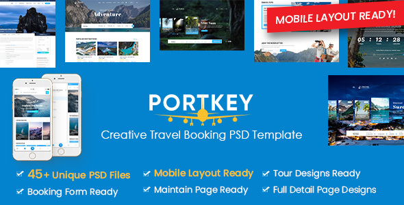 PortKey - Creative Tour & Travel Booking PSD Template (Mobile Layout Included)
