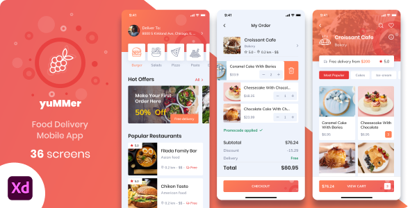 Yummer - Food Delivery Mobile App XD UI Template